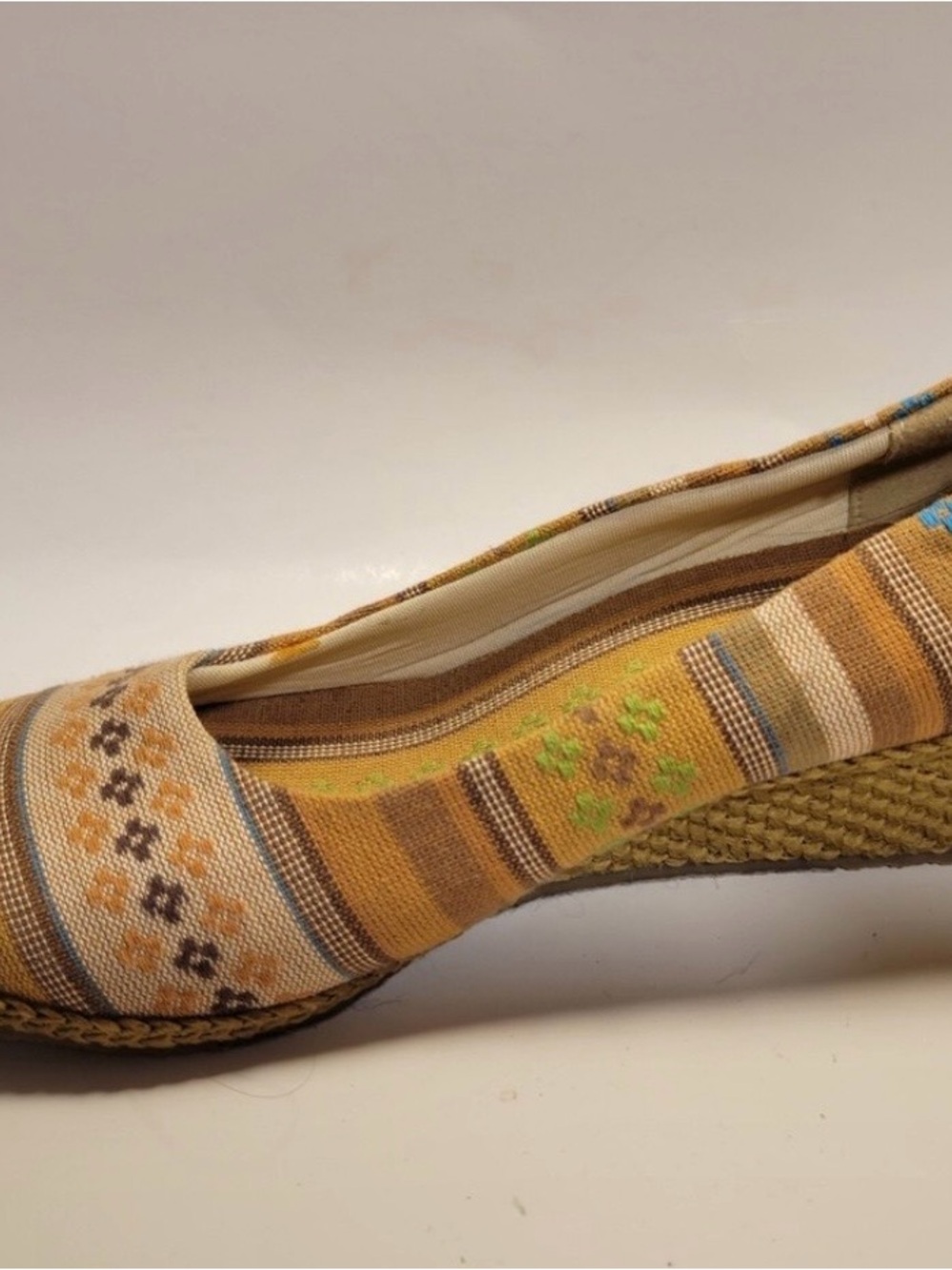 Beacon Yellow and Tan Striped Floral Espadrille Wedge